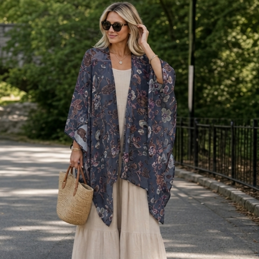 Woven Heart Sheer Floral Kimono in Black with Blue & Purple Accents
